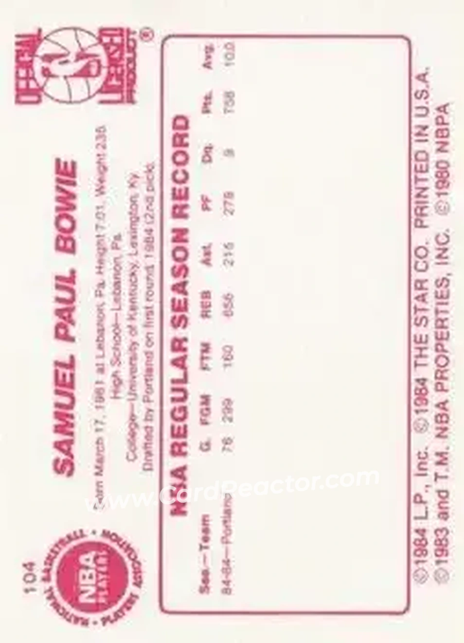 1985-86 Star #104 - Sam Bowie - Portland Trail Blazers - Back