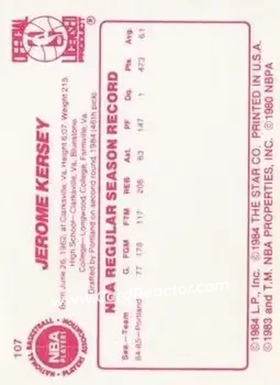 1985-86 Star #107 - Jerome Kersey - Portland Trail Blazers - Back