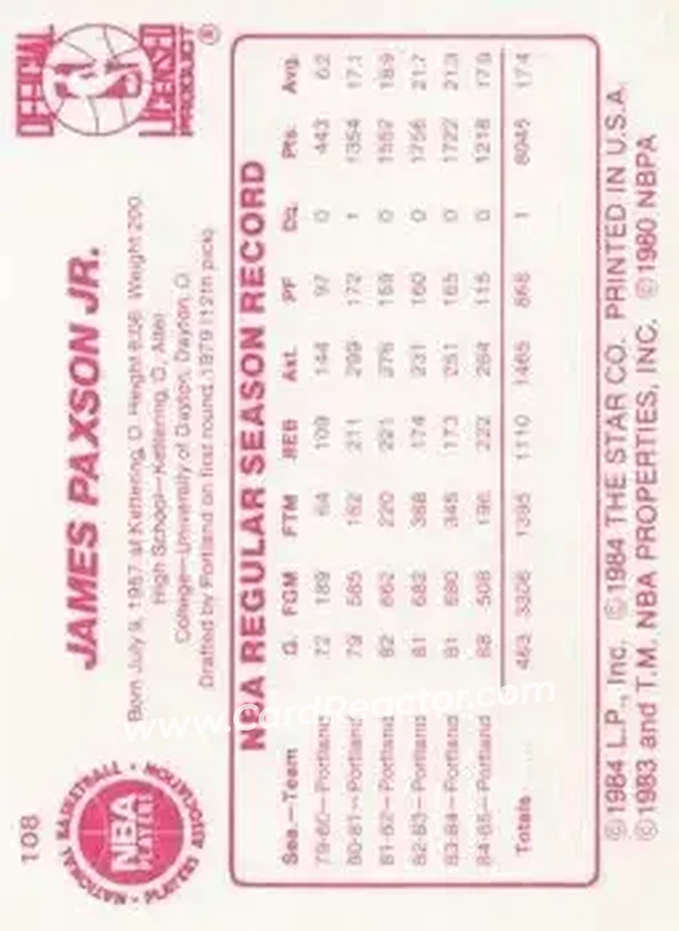 1985-86 Star #108 - Jim Paxson - Portland Trail Blazers - Back