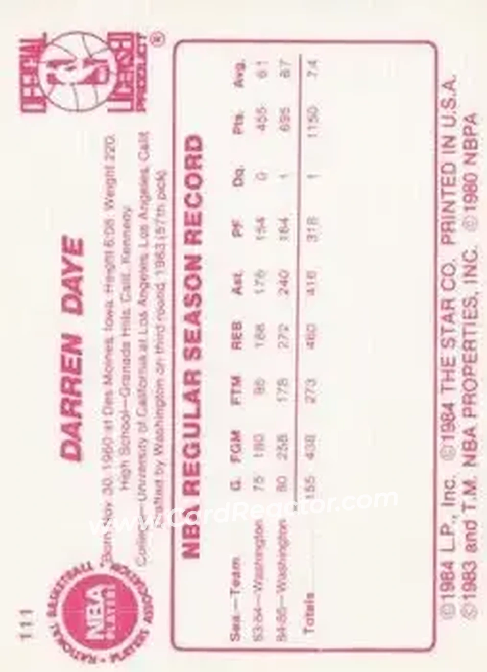 1985-86 Star #111 - Darren Daye - Washington Bullets - Back