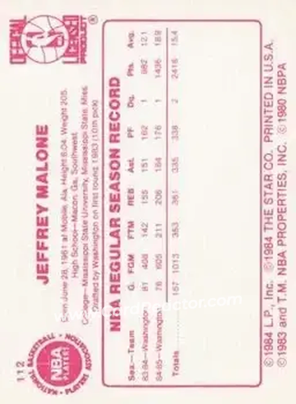 1985-86 Star #112 - Jeff Malone - Washington Bullets - Back
