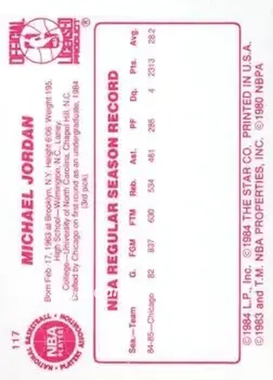 1985-86 Star #117 - Michael Jordan - Chicago Bulls - Back
