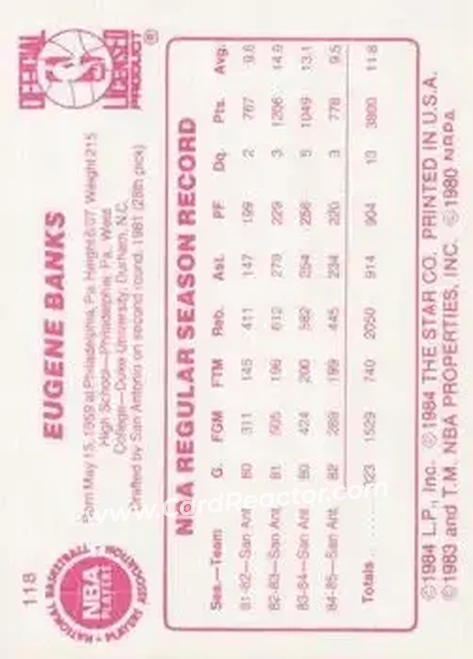 1985-86 Star #118 - Gene Banks - Chicago Bulls - Back