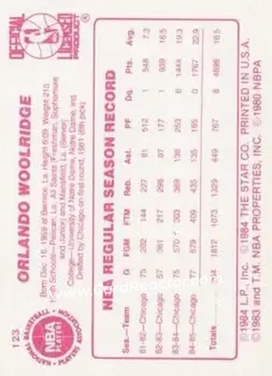 1985-86 Star #123 - Orlando Woolridge - Chicago Bulls - Back