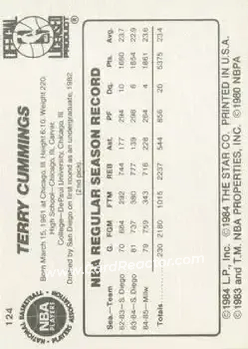 1985-86 Star #124 - Terry Cummings - Milwaukee Bucks - Back