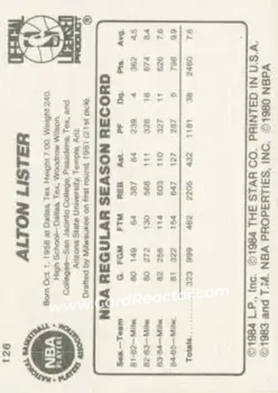 1985-86 Star #126 - Alton Lister - Milwaukee Bucks - Back