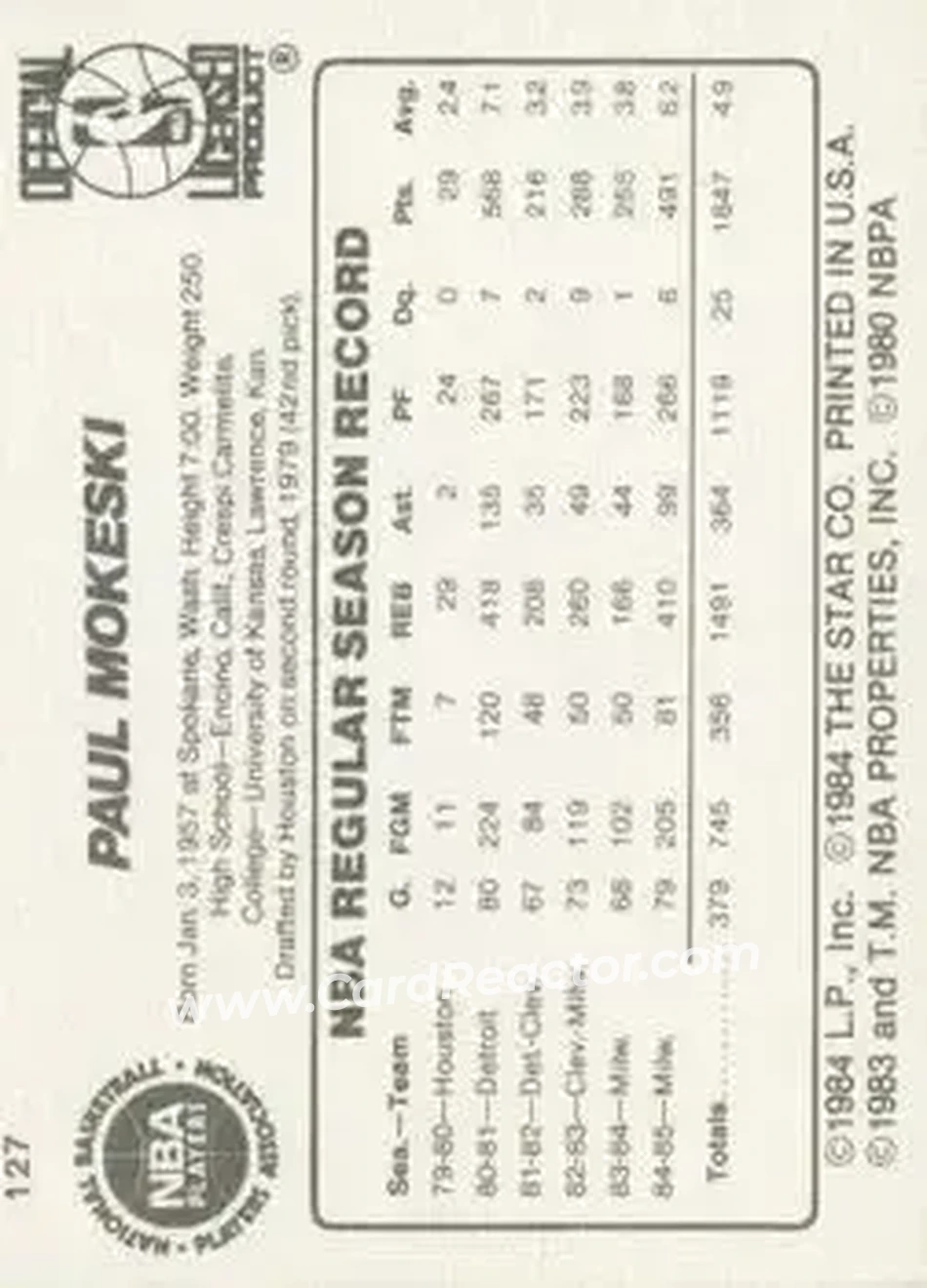 1985-86 Star #127 - Paul Mokeski - Milwaukee Bucks - Back