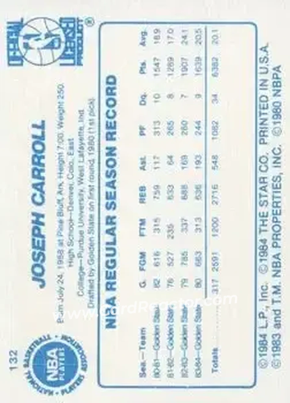1985-86 Star #132 - Joe Barry Carroll - Golden State Warriors - Back