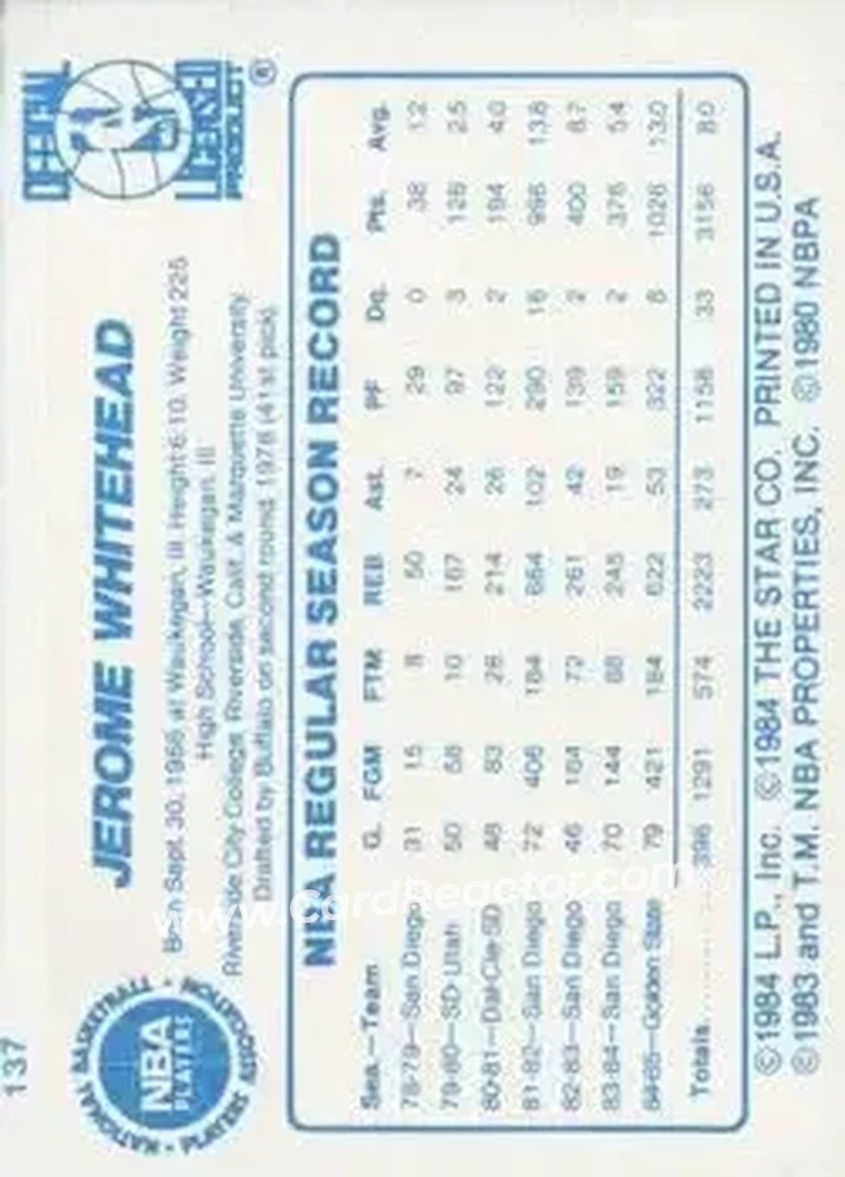 1985-86 Star #137 - Jerome Whitehead - Golden State Warriors - Back