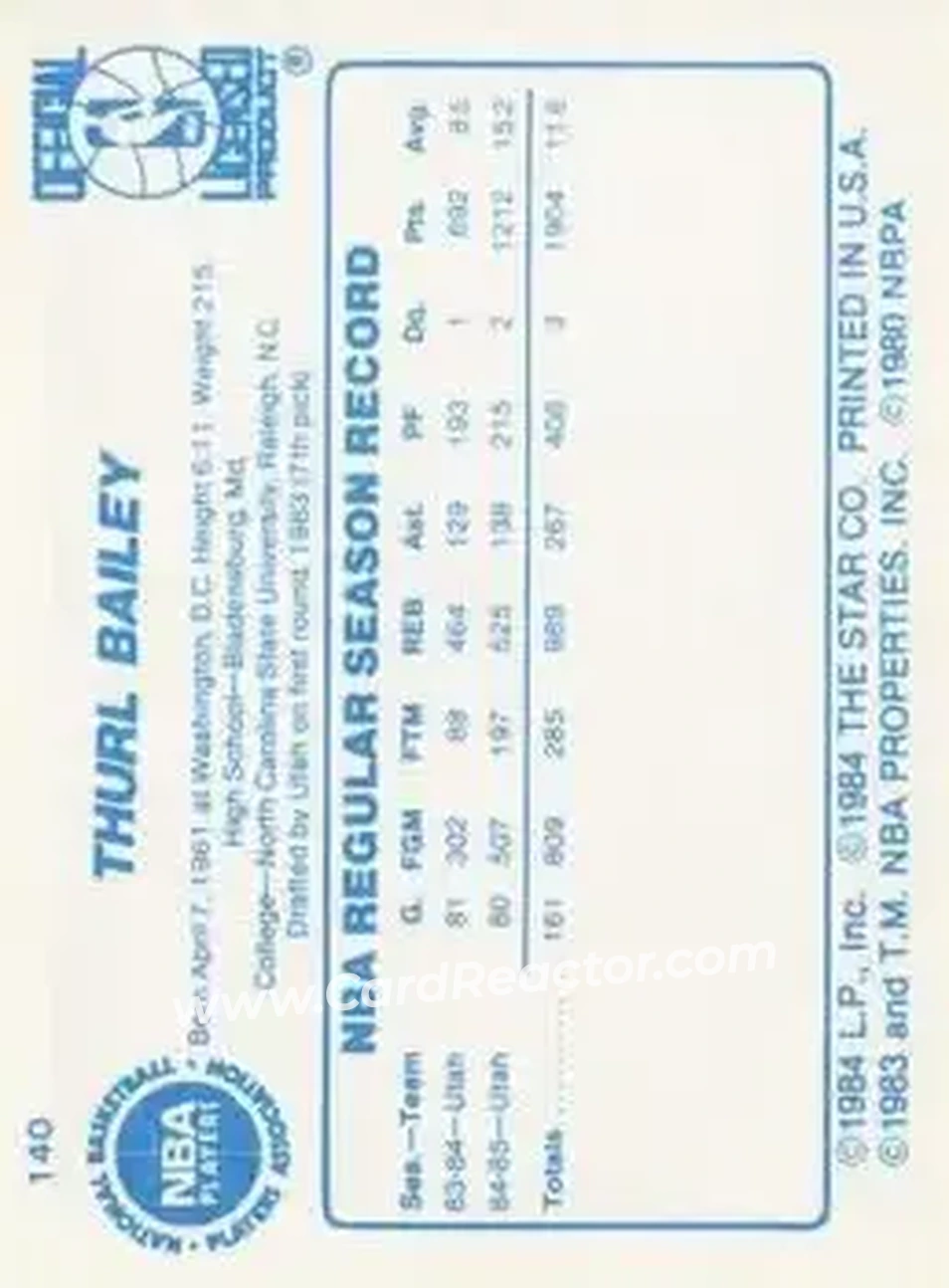 1985-86 Star #140 - Thurl Bailey - Utah Jazz - Back