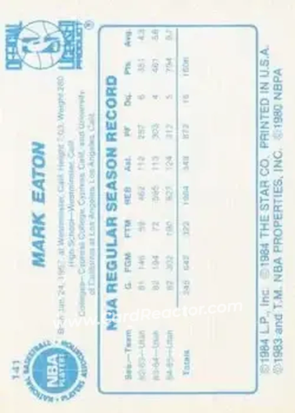 1985-86 Star #141 - Mark Eaton - Utah Jazz - Back