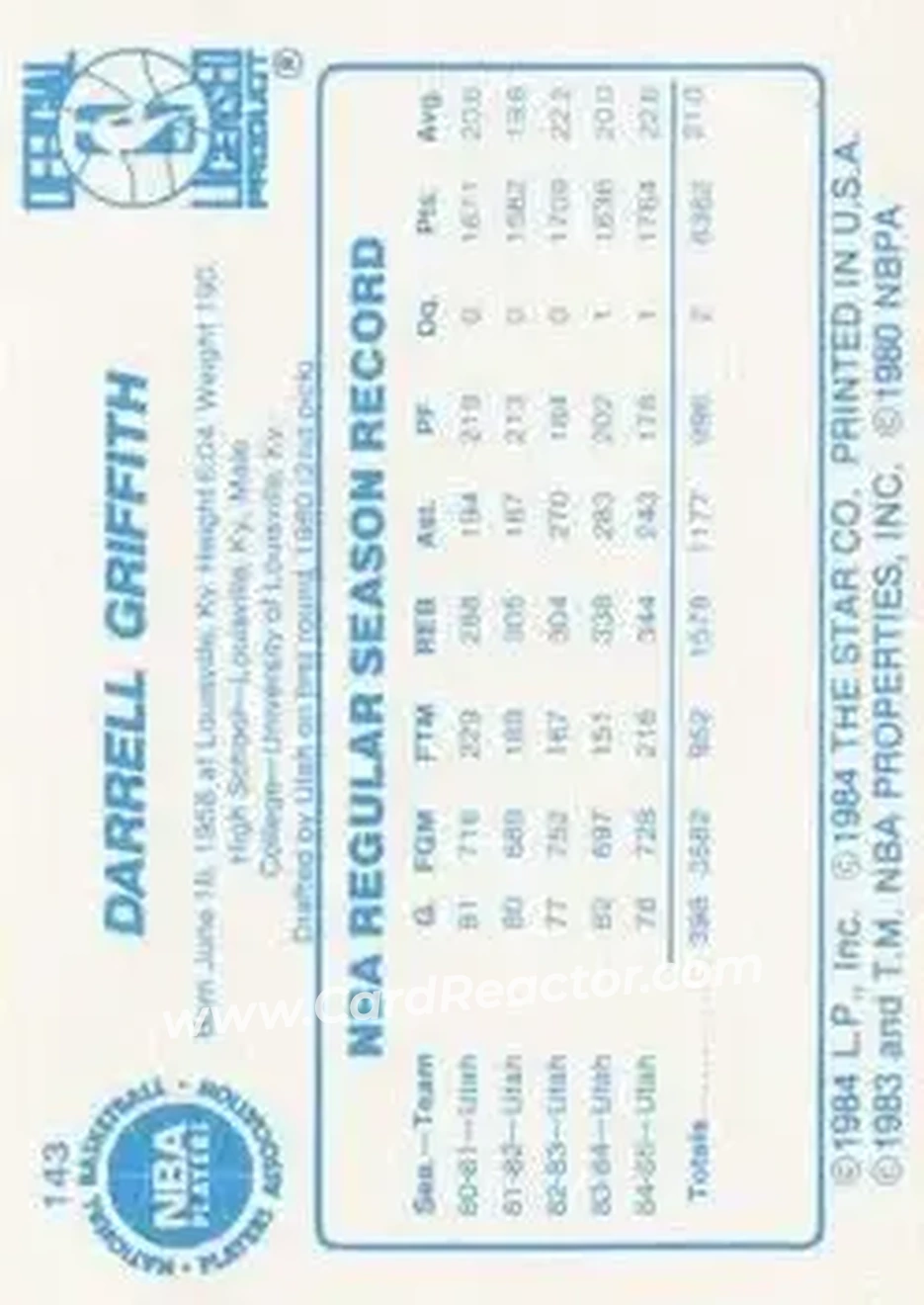 1985-86 Star #143 - Darrell Griffith - Utah Jazz - Back
