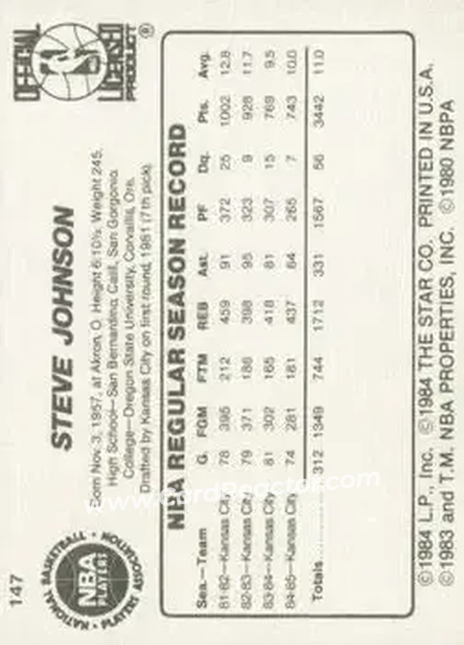 1985-86 Star #147 - Steve Johnson - San Antonio Spurs - Back