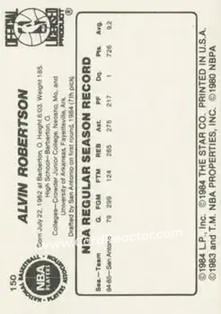 1985-86 Star #150 - Alvin Robertson - San Antonio Spurs - Back