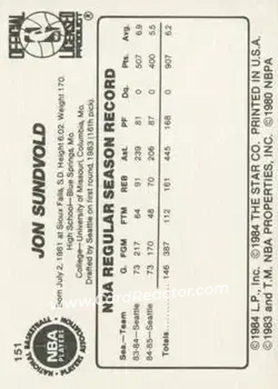 1985-86 Star #151 - Jon Sundvold - San Antonio Spurs - Back