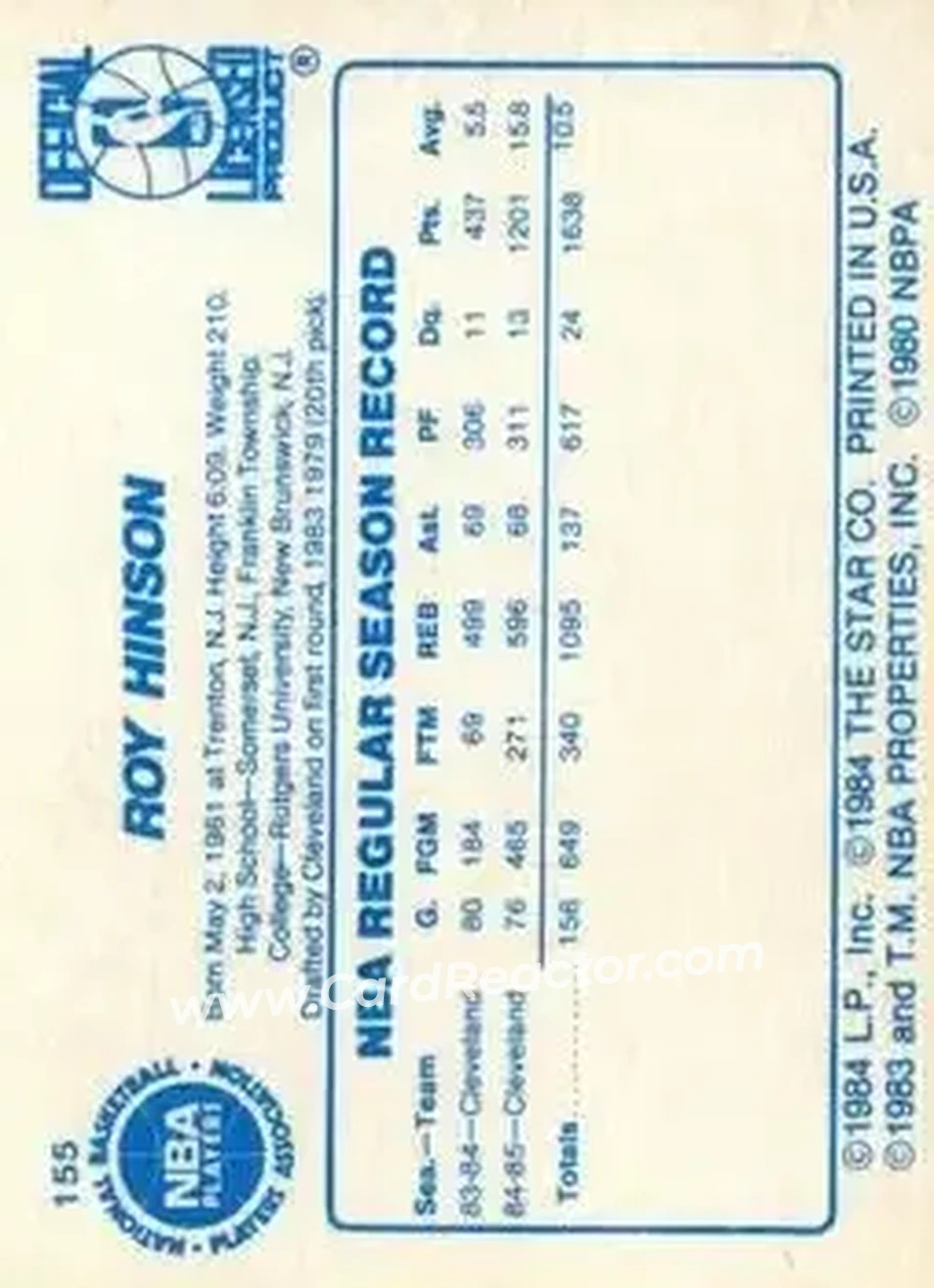 1985-86 Star #155 - Roy Hinson - Cleveland Cavaliers - Back