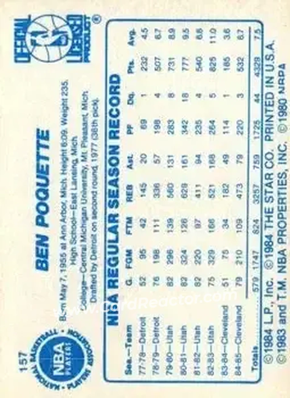1985-86 Star #157 - Ben Poquette - Cleveland Cavaliers - Back