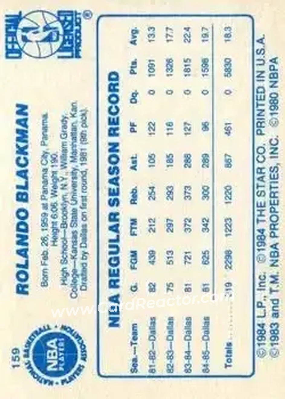 1985-86 Star #159 - Rolando Blackman - Dallas Mavericks - Back
