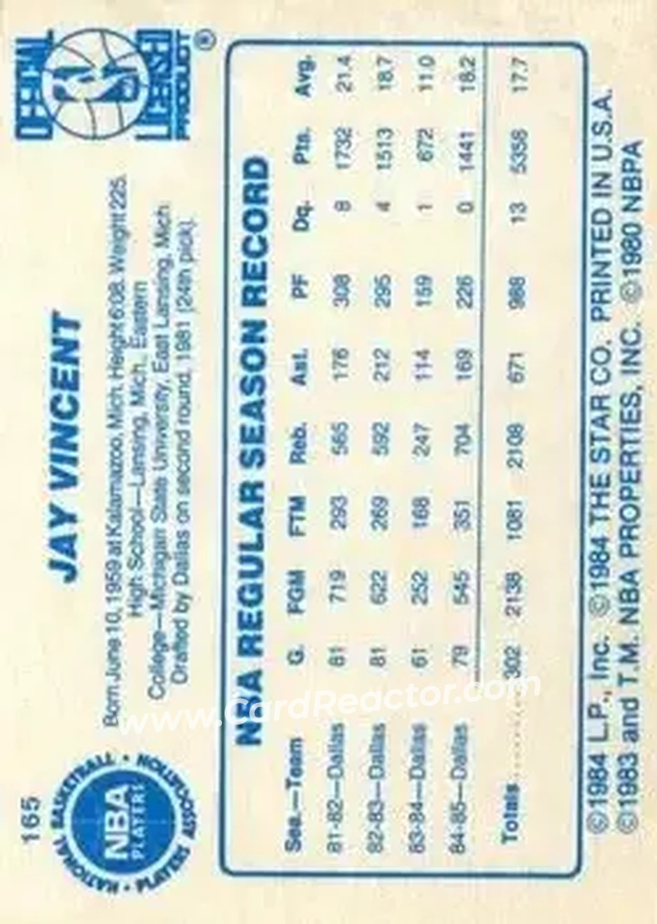 1985-86 Star #165 - Jay Vincent - Dallas Mavericks - Back
