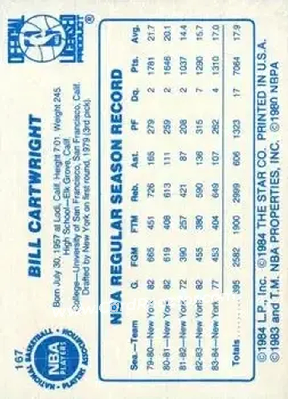 1985-86 Star #167 - Bill Cartwright - New York Knicks - Back