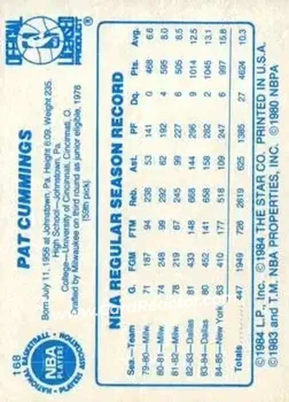 1985-86 Star #168 - Pat Cummings - New York Knicks - Back