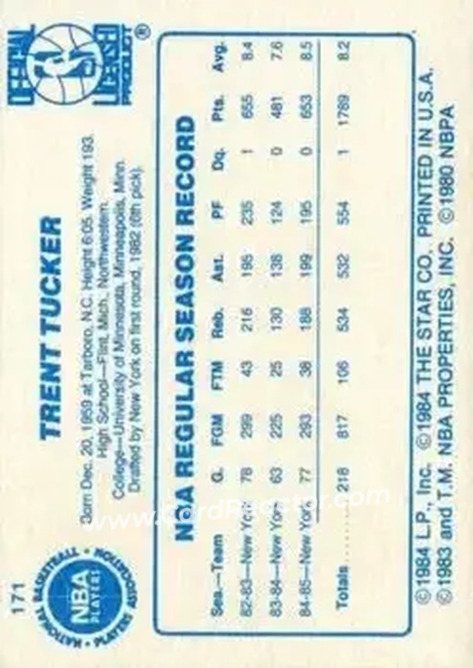 1985-86 Star #171 - Trent Tucker - New York Knicks - Back