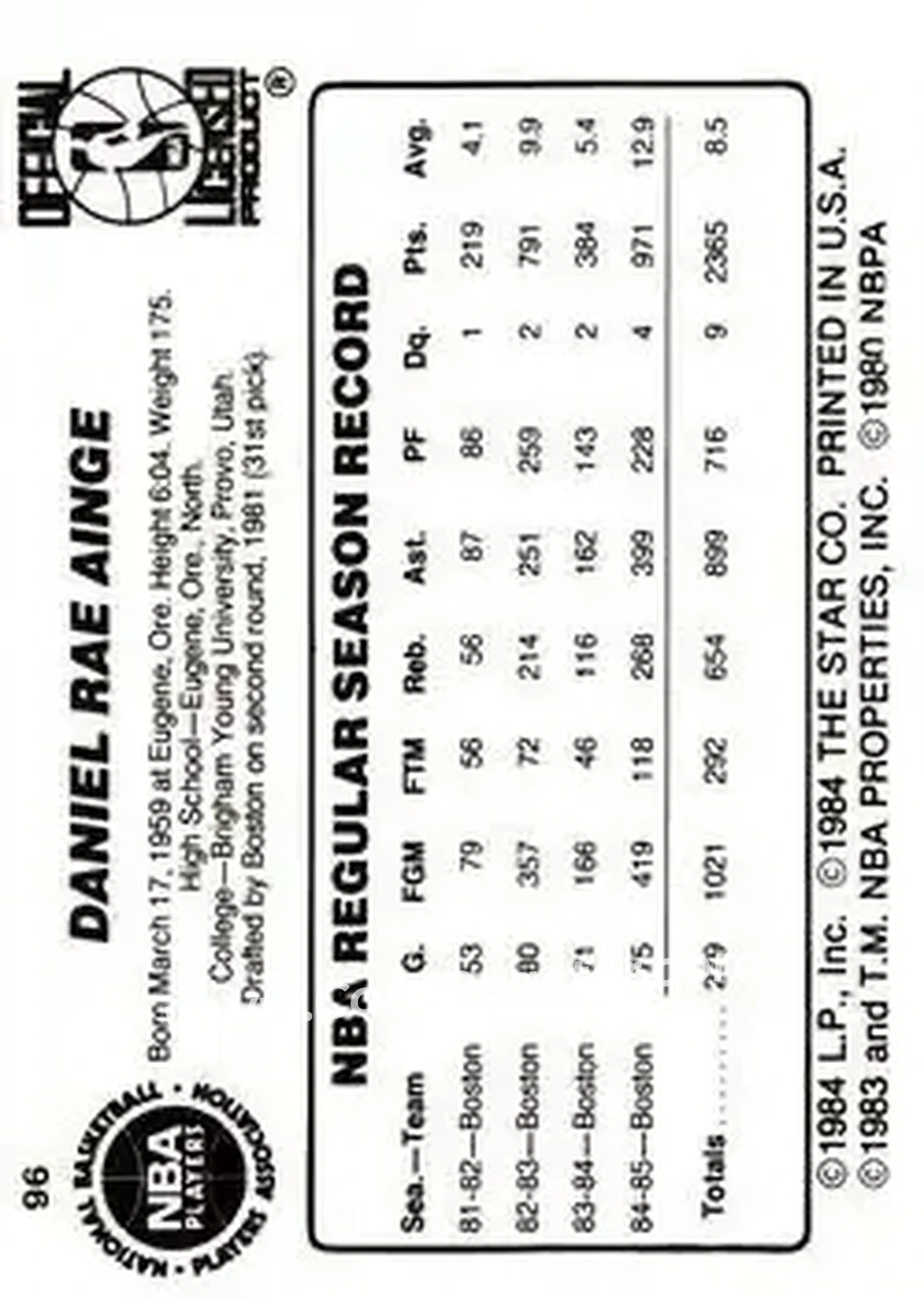 1985-86 Star #96 - Danny Ainge - Boston Celtics - Back