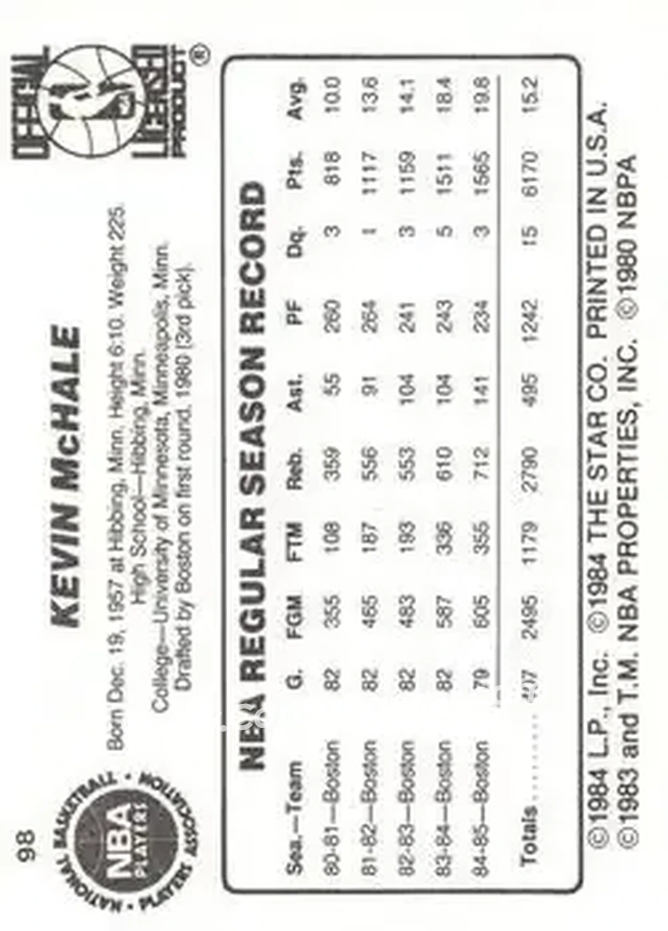 1985-86 Star #98 - Kevin McHale - Boston Celtics - Back