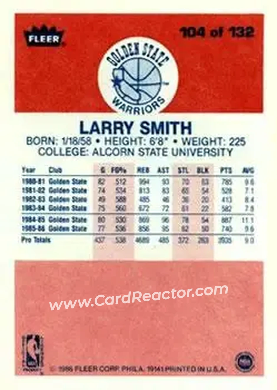 1986-87 Fleer #104 - Larry Smith - Golden State Warriors - Back