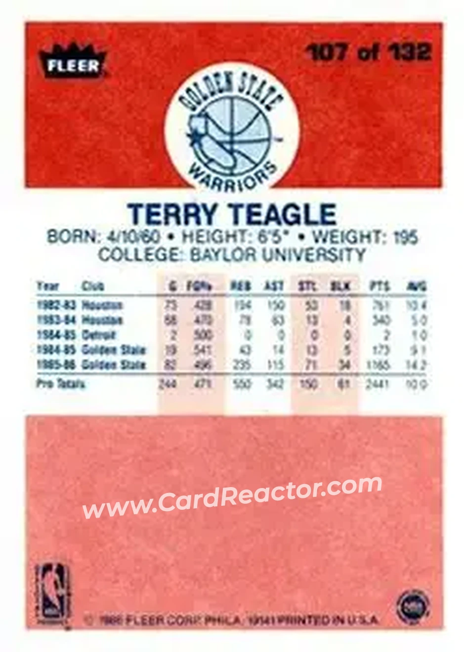 1986-87 Fleer #107 - Terry Teagle - Golden State Warriors - Back