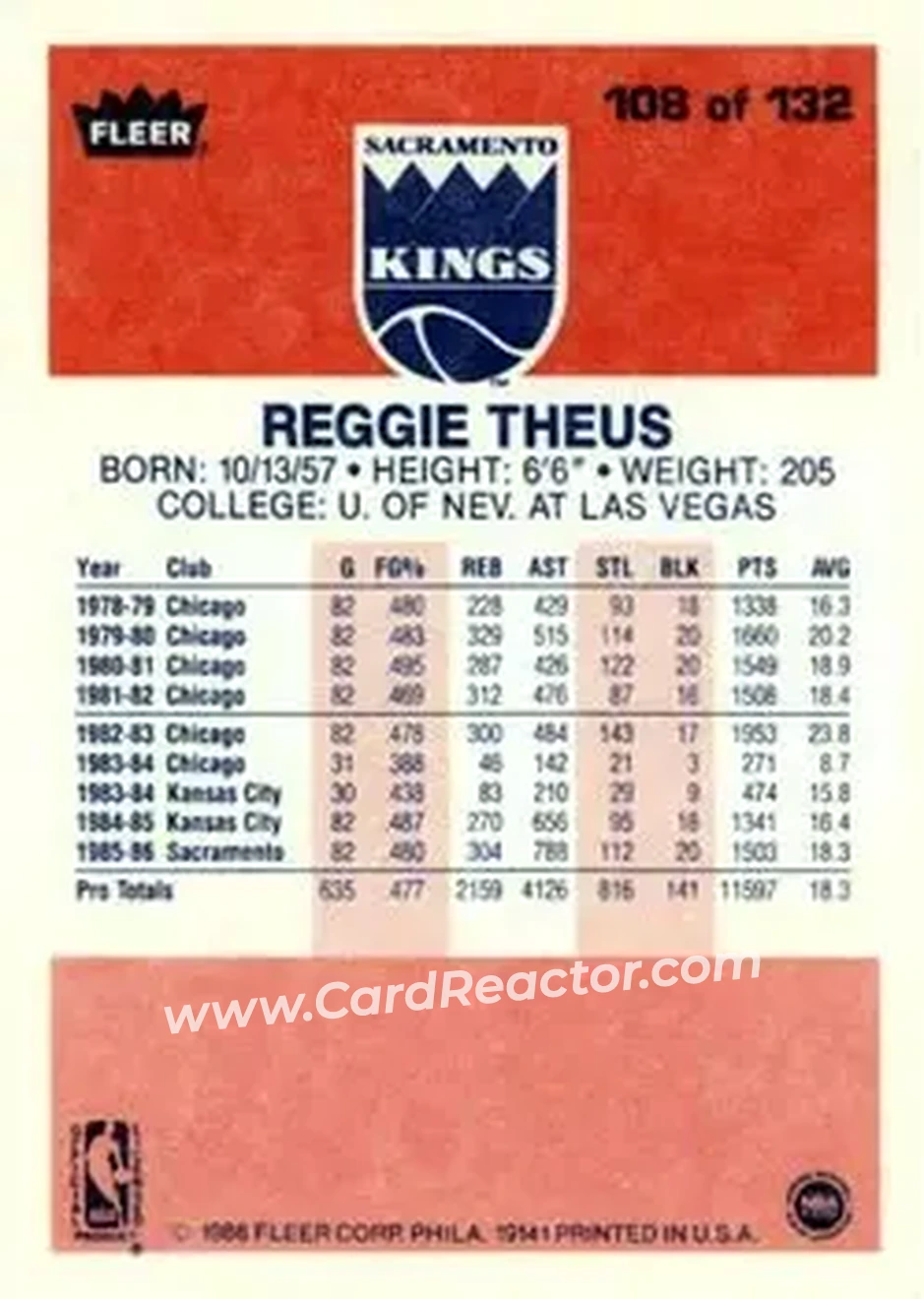 1986-87 Fleer #108 - Reggie Theus - Sacramento Kings - Back