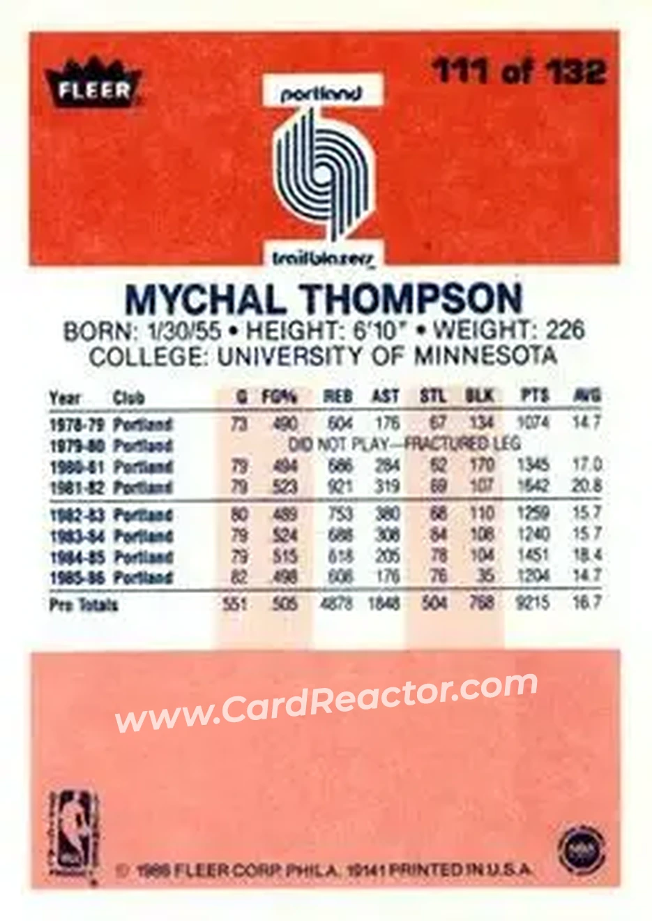 1986-87 Fleer #111 - Mychal Thompson - Portland Trail Blazers - Back