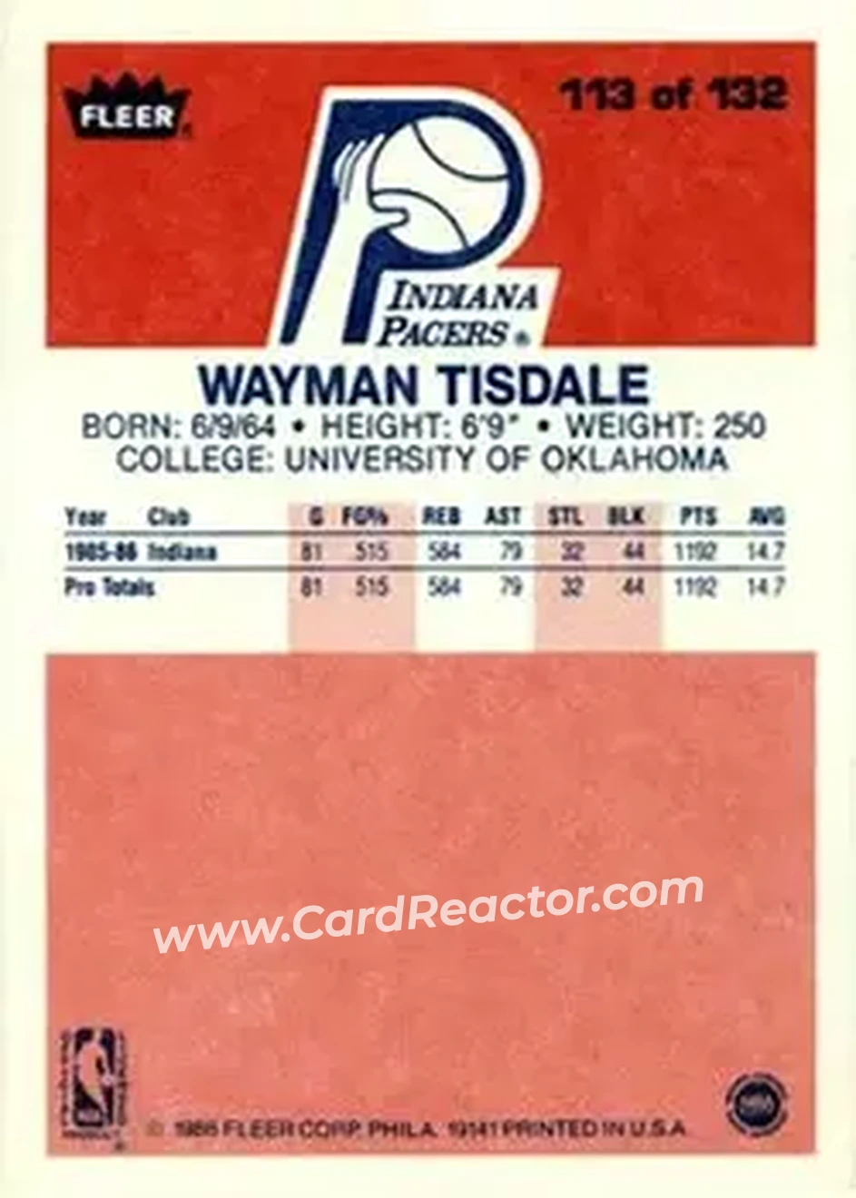 1986-87 Fleer #113 - Wayman Tisdale - Indiana Pacers - Back