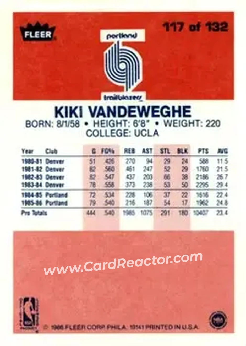 1986-87 Fleer #117 - Kiki Vandeweghe - Portland Trail Blazers - Back