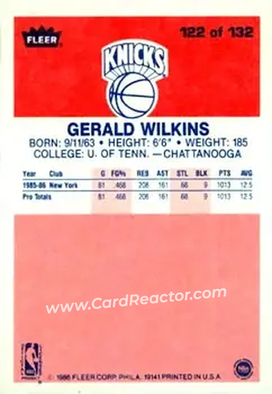 1986-87 Fleer #122 - Gerald Wilkins - New York Knicks - Back