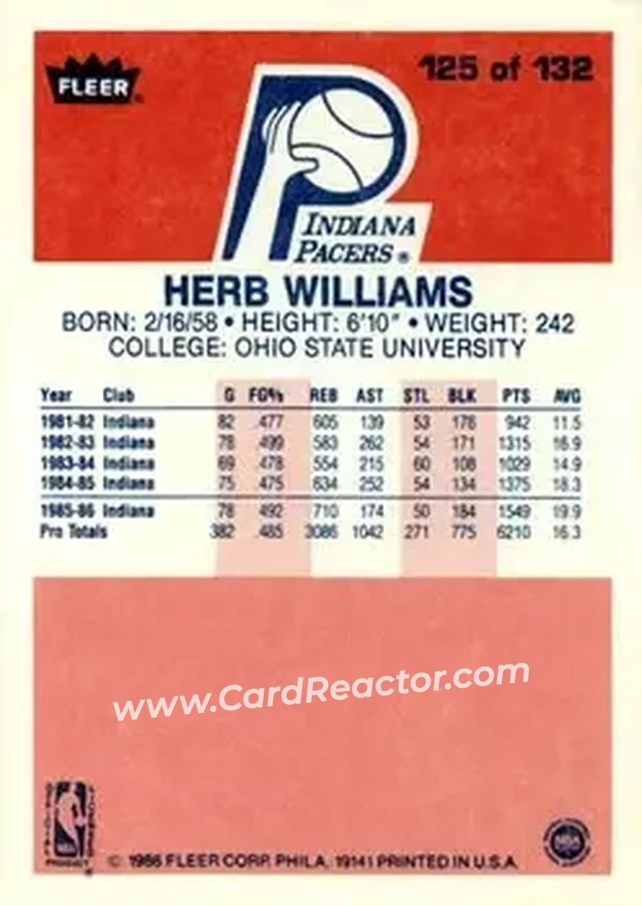 1986-87 Fleer #125 - Herb Williams - Indiana Pacers - Back