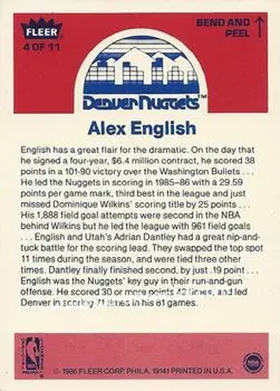 1986-87 Fleer - Stickers #4 - Alex English - Denver Nuggets - Back