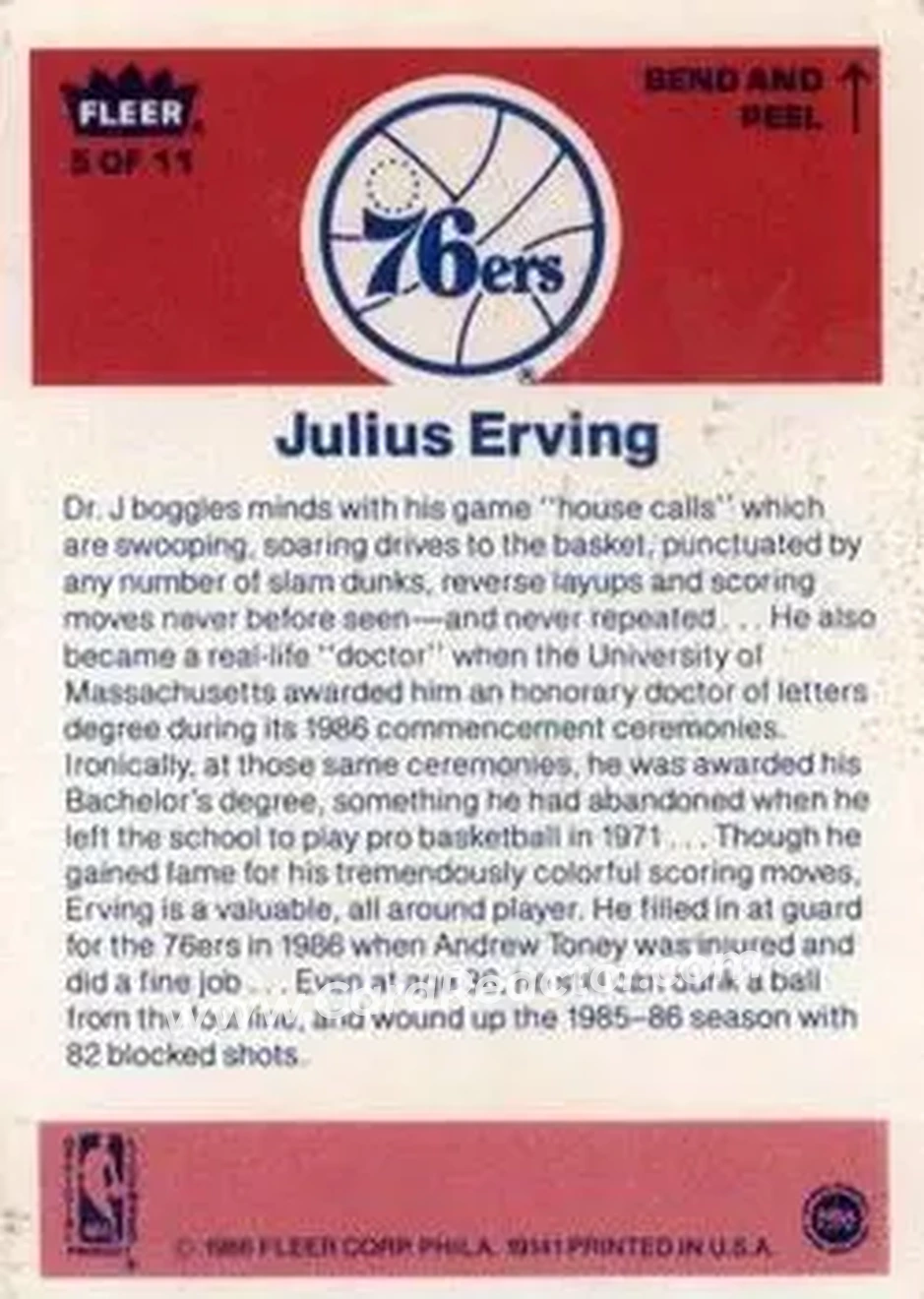 1986-87 Fleer - Stickers #5 - Julius Erving - Philadelphia 76ers - Back