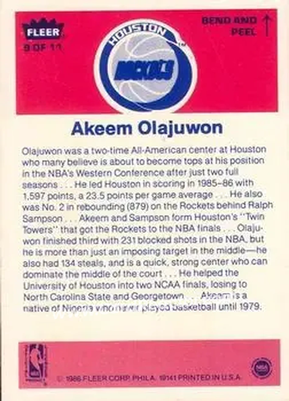 1986-87 Fleer - Stickers #9 - Hakeem Olajuwon - Houston Rockets - Back