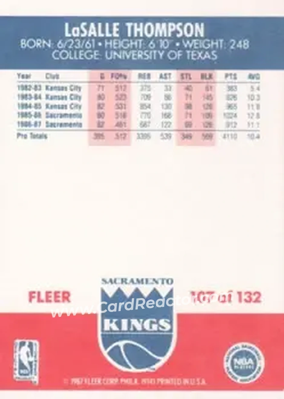 1987-88 Fleer #107 - LaSalle Thompson - Sacramento Kings - Back