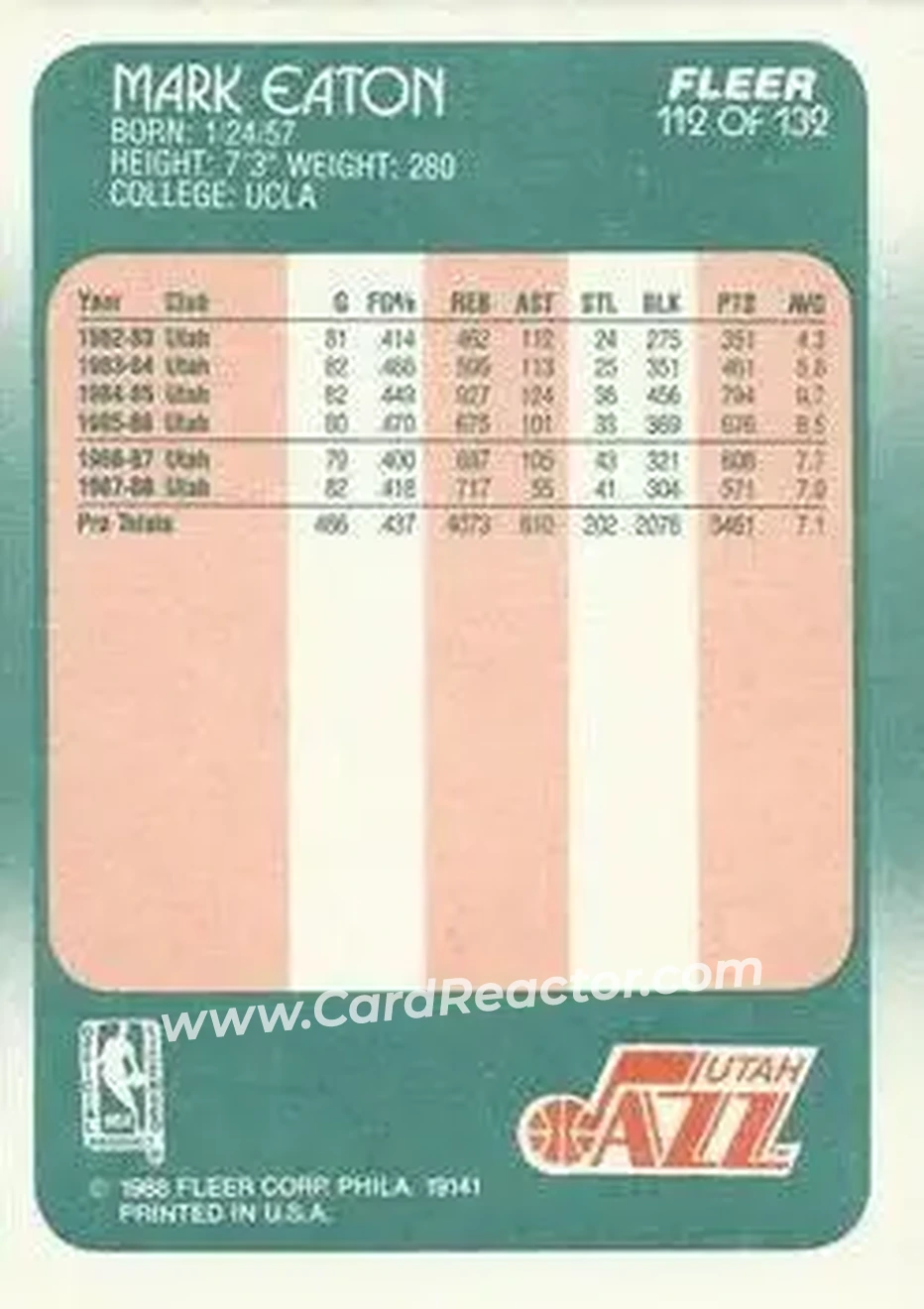 1988-89 Fleer #112 - Mark Eaton - Utah Jazz - Back