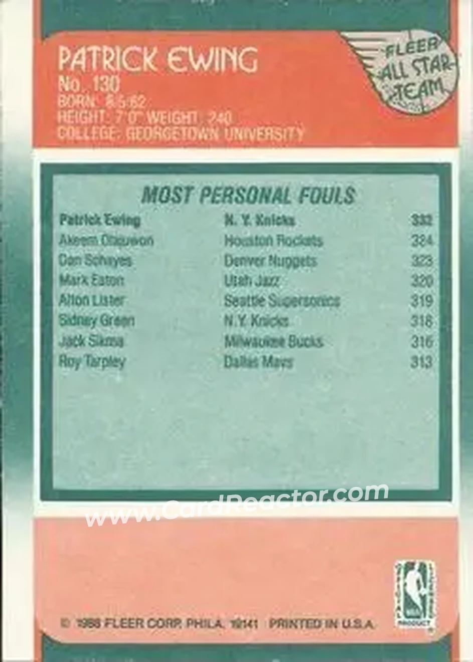 1988-89 Fleer #130 - Patrick Ewing - New York Knicks - Back