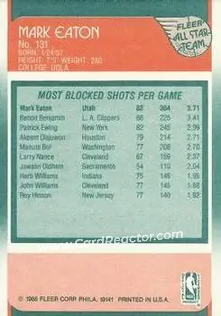 1988-89 Fleer #131 - Mark Eaton - Utah Jazz - Back