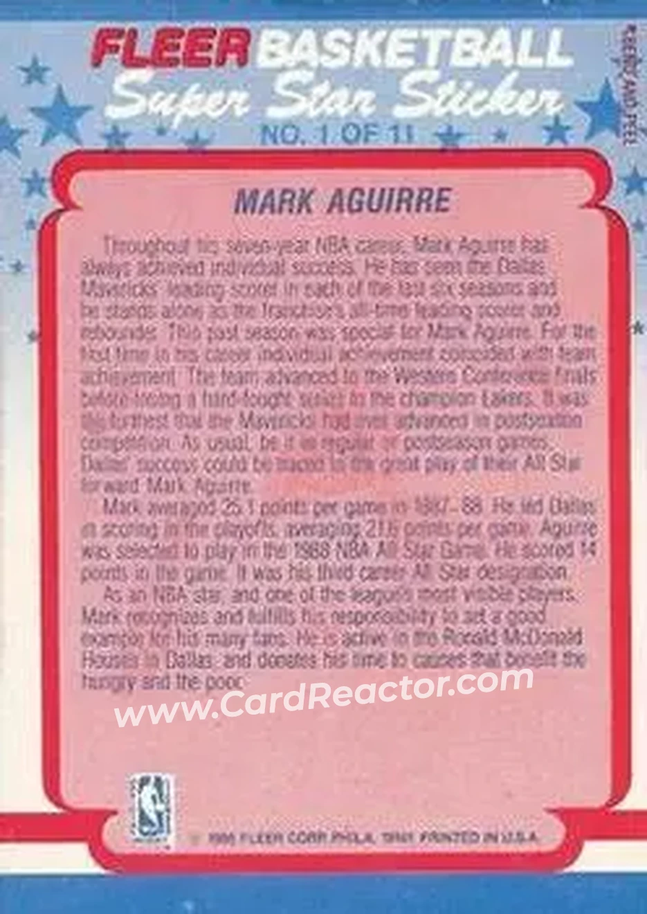 1988-89 Fleer - Stickers #1 - Mark Aguirre - Dallas Mavericks - Back