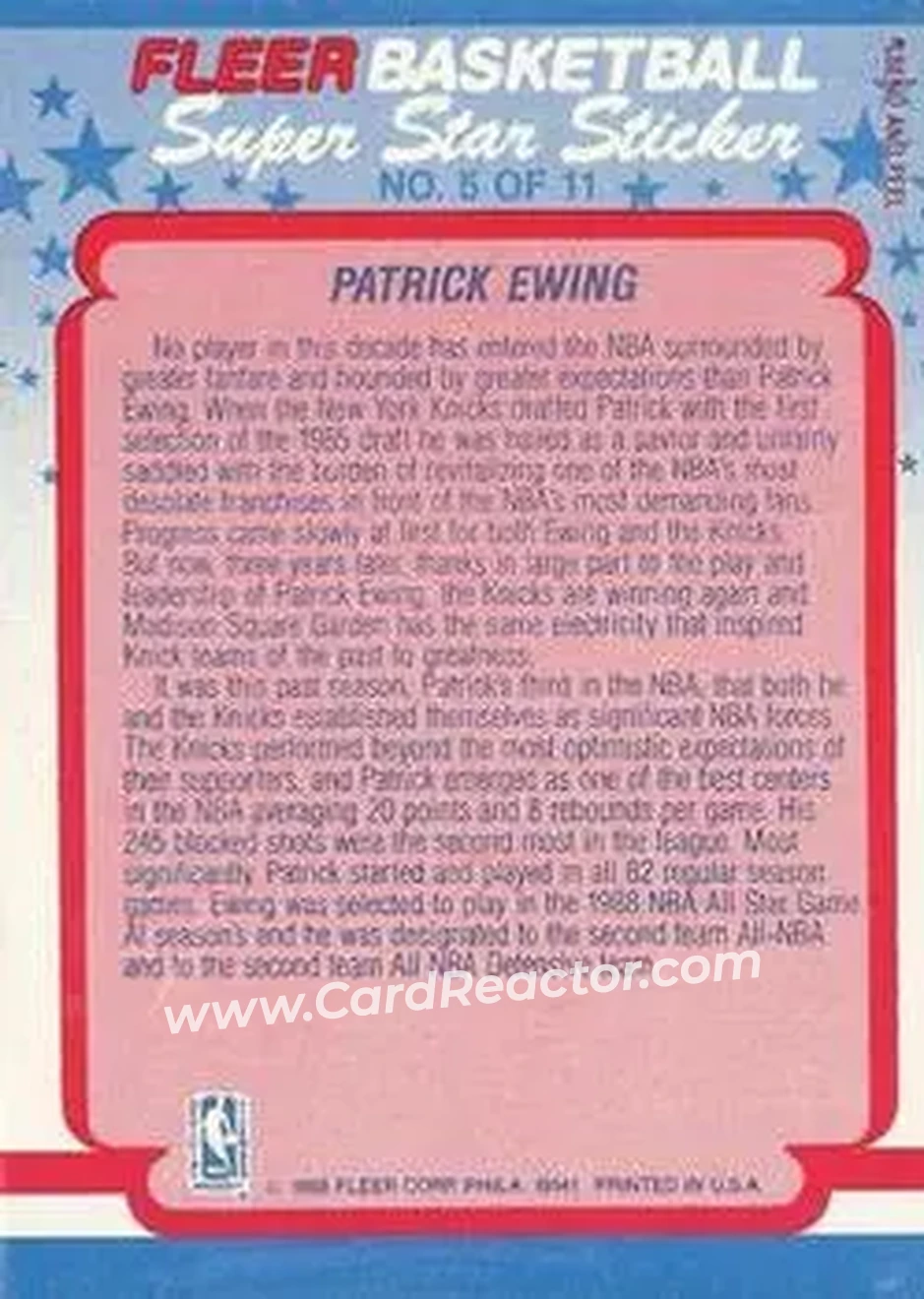 1988-89 Fleer - Stickers #5 - Patrick Ewing - New York Knicks - Back