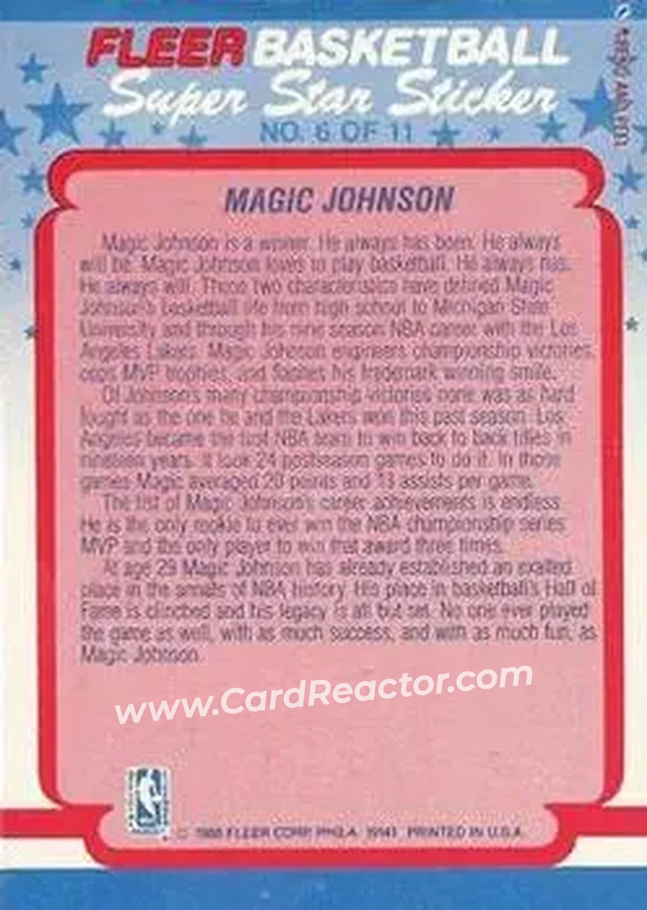 1988-89 Fleer - Stickers #6 - Magic Johnson - Los Angeles Lakers - Back