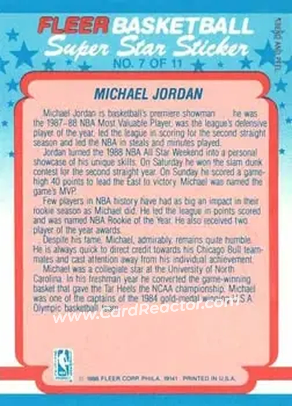 1988-89 Fleer - Stickers #7 - Michael Jordan - Chicago Bulls - Back