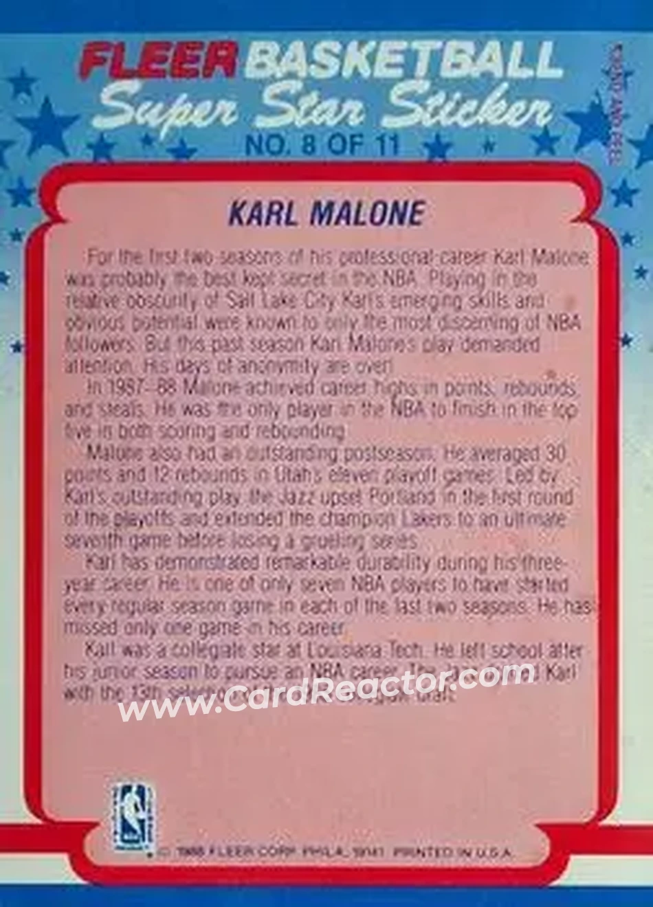 1988-89 Fleer - Stickers #8 - Karl Malone - Utah Jazz - Back