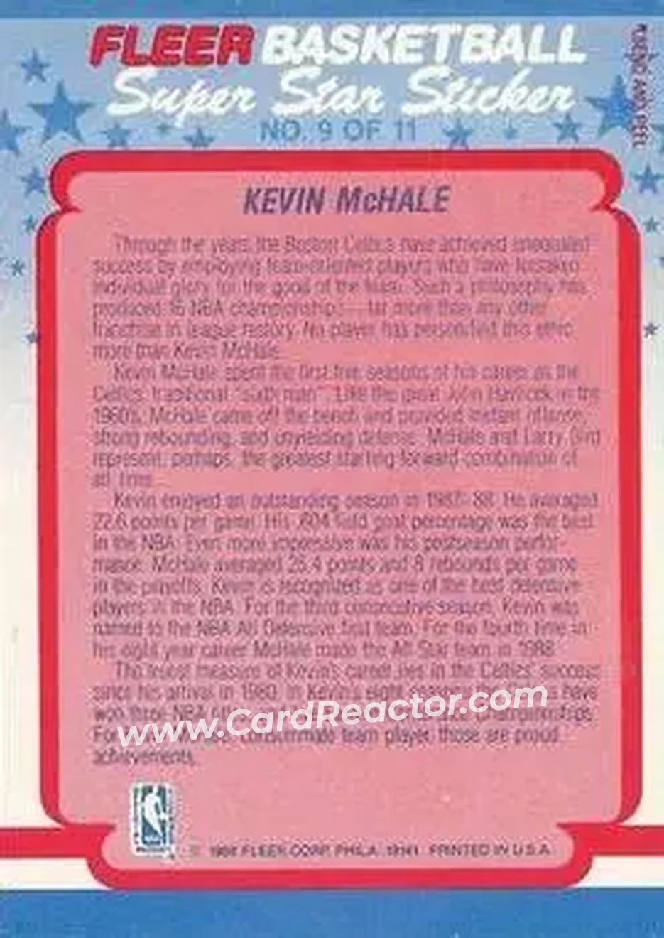 1988-89 Fleer - Stickers #9 - Kevin McHale - Boston Celtics - Back