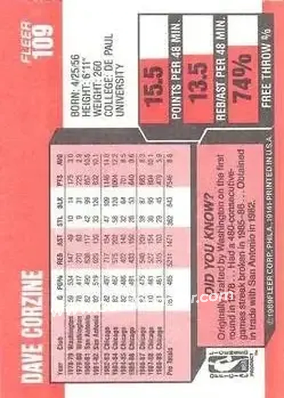 1989-90 Fleer #109 - Dave Corzine - Orlando Magic - Back